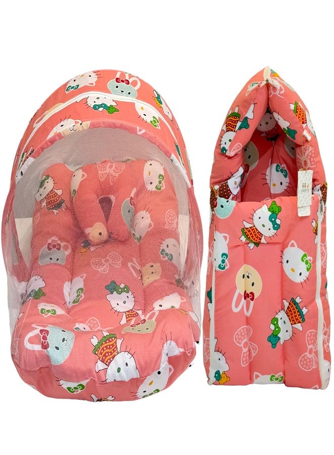 Infantbond Born Baby Combo of Bed with Net & Carry Bag(0-6 Months) (Peach Teddy) - Image 1