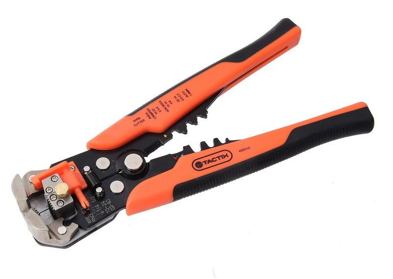 Tactix Automatic Wire Stripper, Heavy Duty Wire Stripping Tool for 1.0-3.2mm Cables, Precision Wire Cutter with Clamping Action & Length Gauge, Black/Orange- 400015 - Image 1