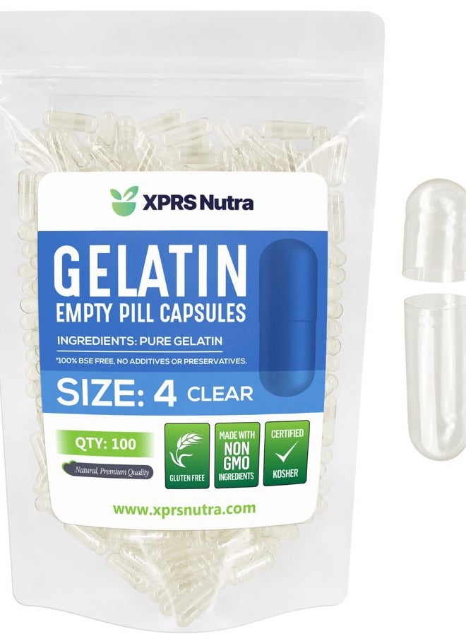 XPRS Nutra - Size 4 Empty Capsules - 100 Count Small Clear Empty Gelatin Capsules - Empty Pill Capsules - DIY Capsule Filling - Bovine Pill Capsules Empty Gel Caps - Image 1