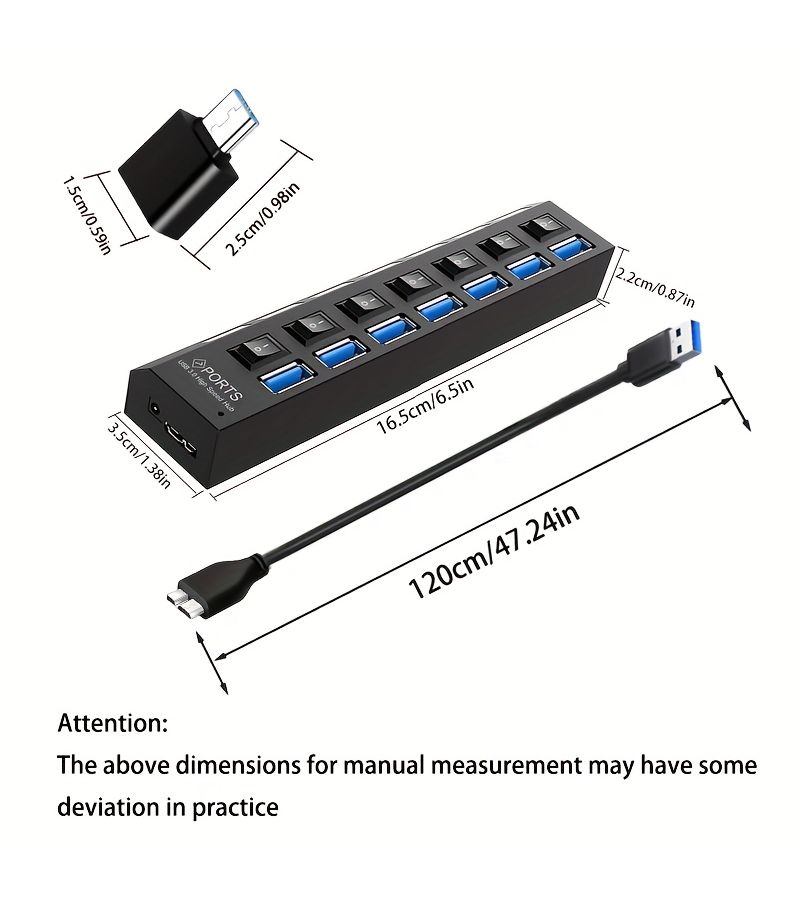 هب USB 3.0 بـ 7 منافذ مع كابل بطول 47.24 بوصة ومحول - Image 2