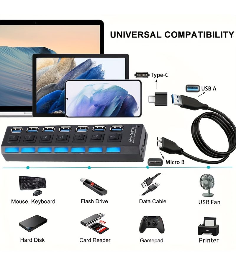 هب USB 3.0 بـ 7 منافذ مع كابل بطول 47.24 بوصة ومحول - Image 5