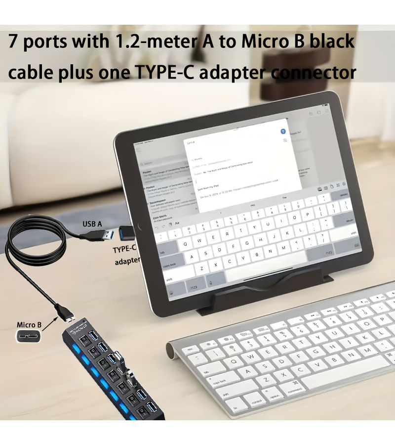 هب USB 3.0 بـ 7 منافذ مع كابل بطول 47.24 بوصة ومحول - Image 3