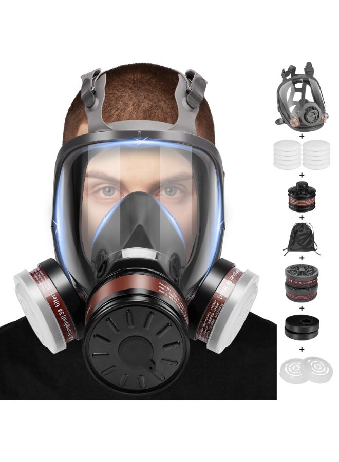 WALALLA Full Face Respirator Masks Set with 10 filter cottons, Gas Mask for Men, Reusable Respirator Mask for Painting, Woodworking, Construction, Spraying - Image 1