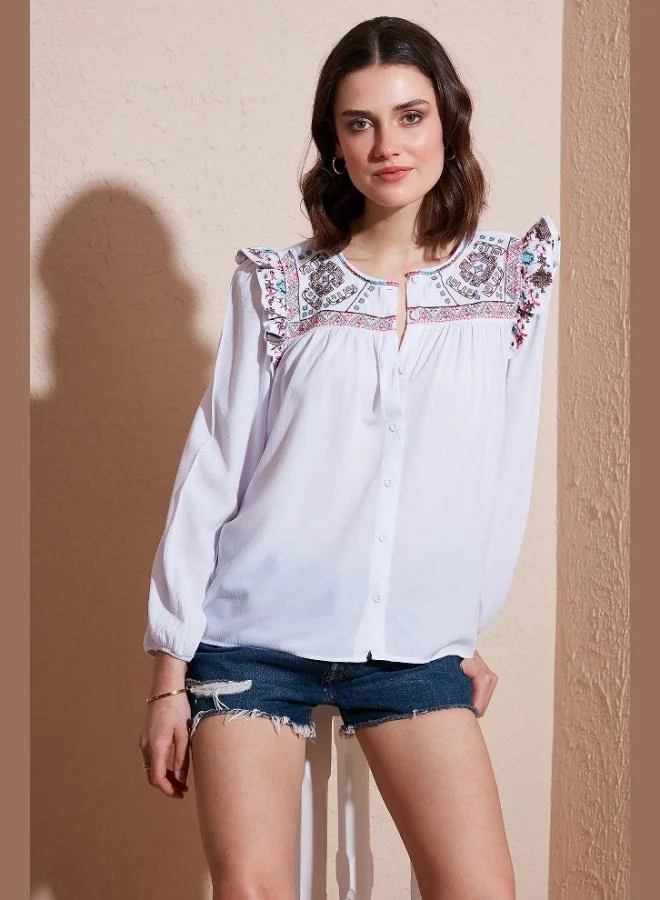 Lela Lela Ethnic Patterned Sleeve Detailed Crew Neck Şile Cloth Shirt Women's SHIRT 611BZ0042