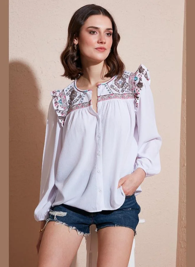 Lela Lela Ethnic Patterned Sleeve Detailed Crew Neck Şile Cloth Shirt Women's SHIRT 611BZ0042