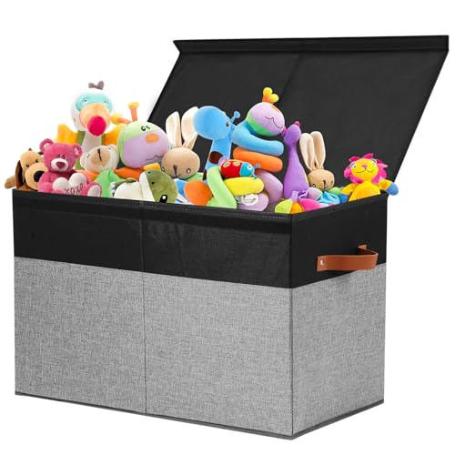 Gowee Large Toy Storage Box with Lid Sturdy Toys Storage Chest Bin Organizer Basket with Dividers for Kids Boys Girls Nursery Closet Bedroom Playroom 25x13 x16 Black and Grey - Image 1