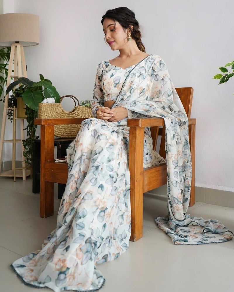 Sidhidata ساري سيدي داتا النسائي من جورجيت مزخرف بأزهار جاهز للارتداء مع قطعة بلوزة غير مخيطة - Image 2