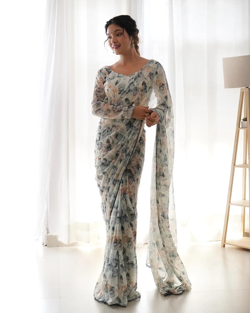 Sidhidata ساري سيدي داتا النسائي من جورجيت مزخرف بأزهار جاهز للارتداء مع قطعة بلوزة غير مخيطة - Image 3