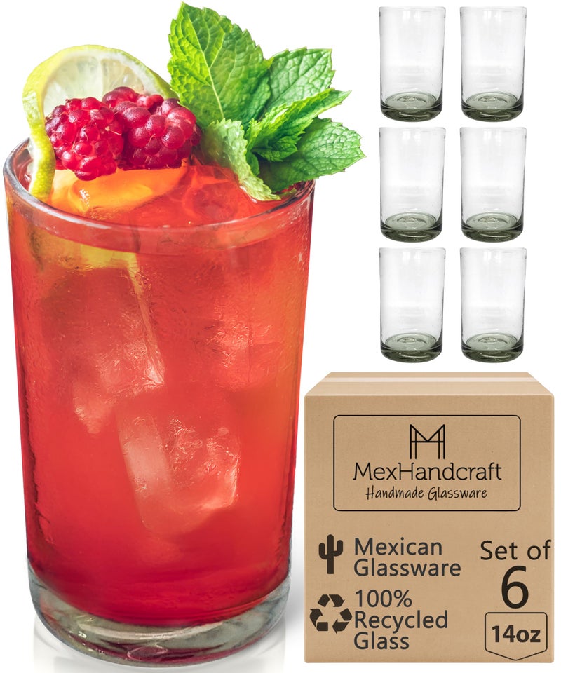 Clear 14 oz Drinking Glasses set of 6 Hand Blown Mexican Glassware Recycled Glass Drinking Glasses LeadFree Cocktail Margarita Glasses Wine Glasses Shot Glasses Whiskey Glasses Drinking
