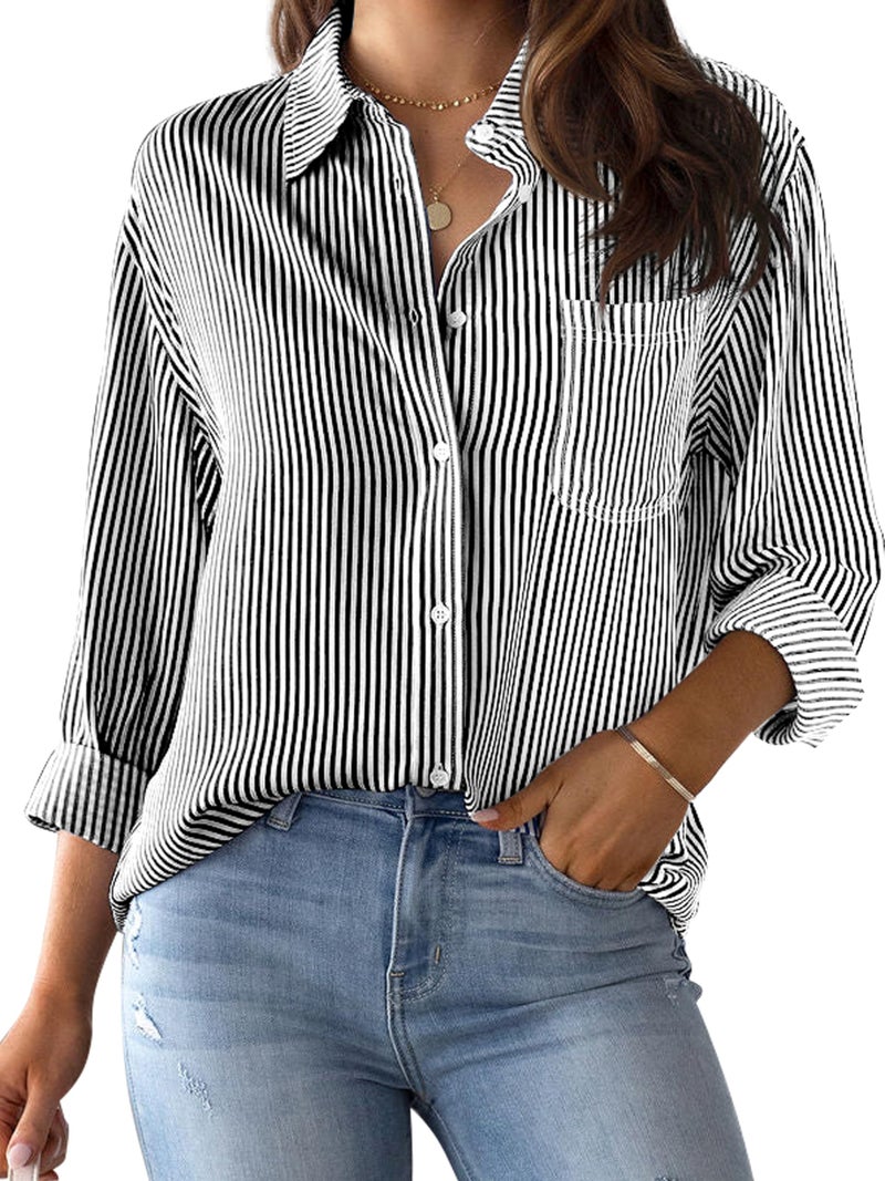 CUNLIN Black and White Striped Shirt Blouse Long Sleeve Women Womens Tops for Button Up Down Blouses Dressy Casual Shirts Black Size M - Image 1