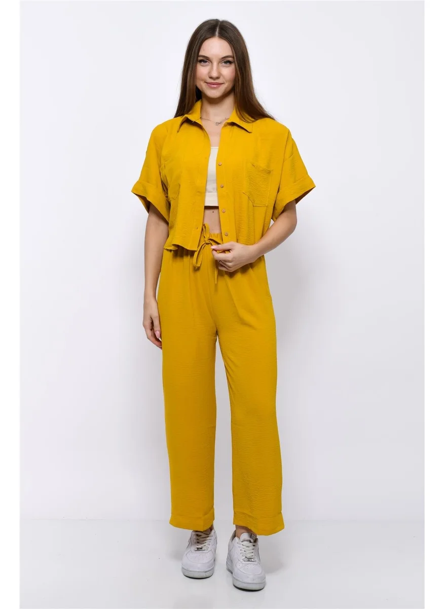 Nuseel Aerobin Crop Shirt Elastic Waist Trousers 2 Piece Set Yellow