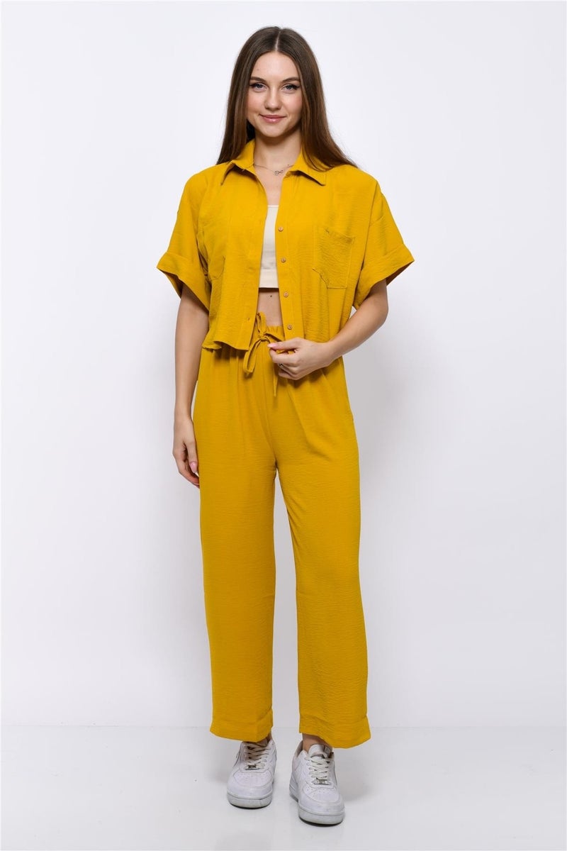 Nuseel Aerobin Crop Shirt Elastic Waist Trousers 2 Piece Set Yellow - Image 2