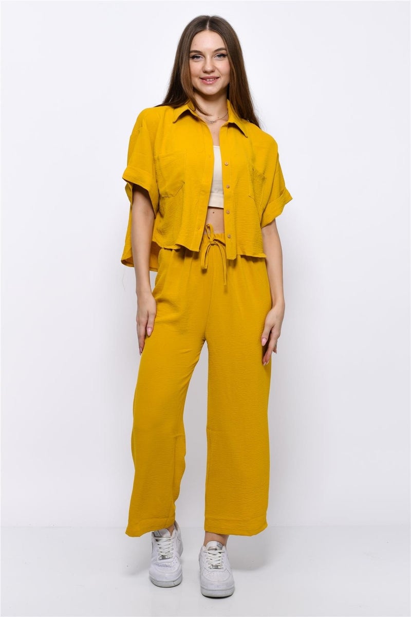 Nuseel Aerobin Crop Shirt Elastic Waist Trousers 2 Piece Set Yellow - Image 3