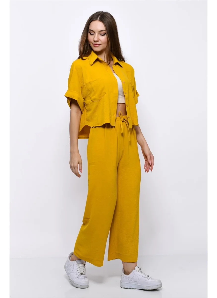 Nuseel Aerobin Crop Shirt Elastic Waist Trousers 2 Piece Set Yellow