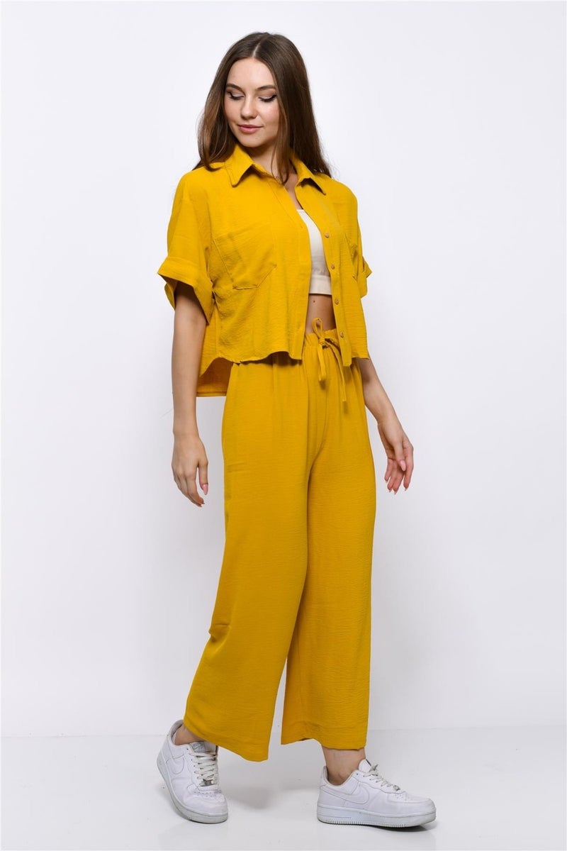 Nuseel Aerobin Crop Shirt Elastic Waist Trousers 2 Piece Set Yellow - Image 1
