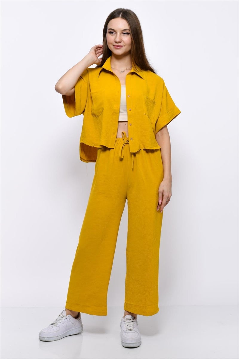 Nuseel Aerobin Crop Shirt Elastic Waist Trousers 2 Piece Set Yellow - Image 4