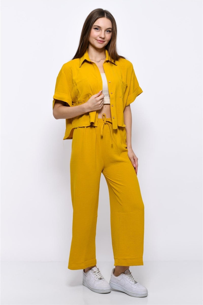 Nuseel Aerobin Crop Shirt Elastic Waist Trousers 2 Piece Set Yellow - Image 5