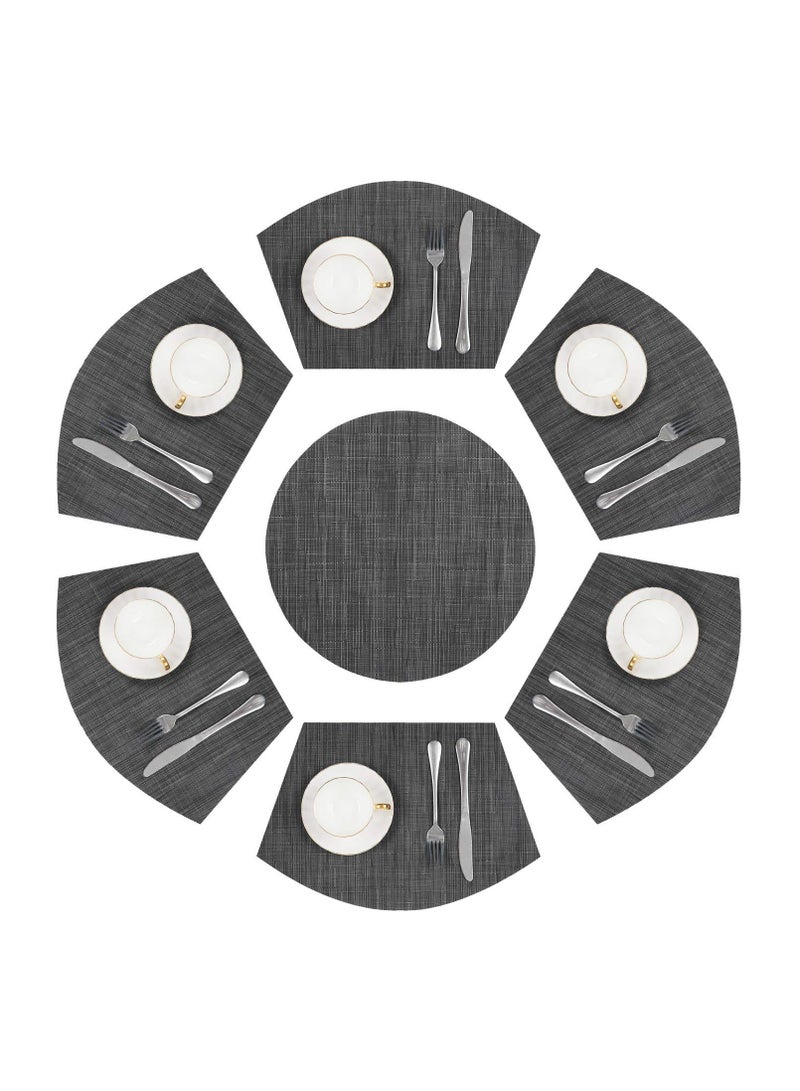 SYOSI Round Table Placemats Set of 7, Wedge Shaped Place Mat with Centerpiece Round Mat, Woven Vinyl Table Placemats, Large Size Wedge Shape, Heat Resistant Table Mats Washable (7, Black Gray) - Image 1