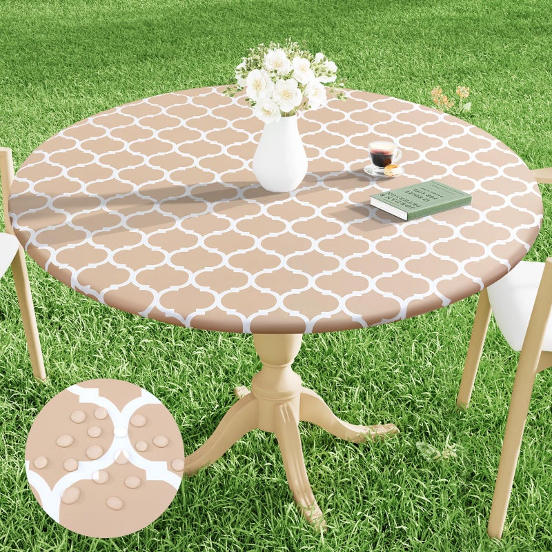 Smiry Round Picnic Tablecloth Waterproof Elastic Fitted Table Covers for 36  44 Tables Wipeable Flannel Backed Vinyl Tablecloths for Camping Indoor Outdoor Khaki  White