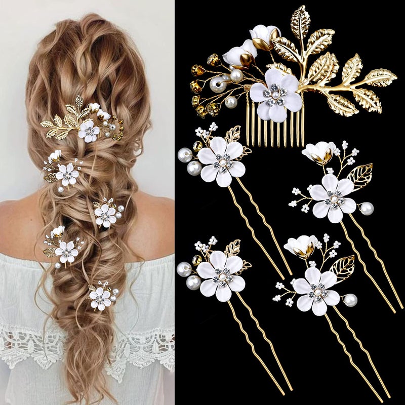 5 Pieces Bridal Flower Wedding Hair Pins Crystal Pearl Hair Pins Clips Headpiece Gold Wedding Hair Accessories Jewelry with Rhinestone for Brides Bridesmaids Women Girls UpdoPure White Flower