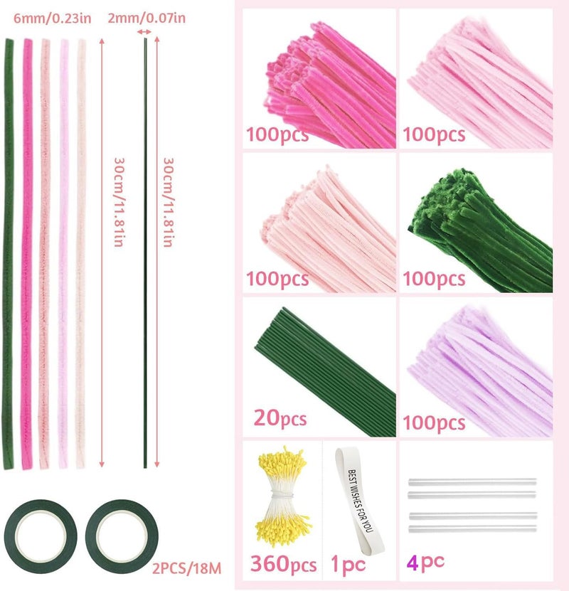 Anyangjia 500 Pcs Pipe Cleaners Craftï¼Œ5 Colors Pipe Cleaners Bulk,Chenille Stems Flowers Craft kit for DIY Handmade Bouquet Wrapping Party Decorations whit Ribbonsï¼ŒStems,Tapeï¼ŒStamens, Glue Sticks (Pink) - Image 2
