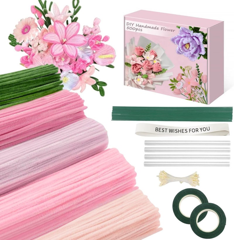 Anyangjia 500 Pcs Pipe Cleaners Craftï¼Œ5 Colors Pipe Cleaners Bulk,Chenille Stems Flowers Craft kit for DIY Handmade Bouquet Wrapping Party Decorations whit Ribbonsï¼ŒStems,Tapeï¼ŒStamens, Glue Sticks (Pink) - Image 1