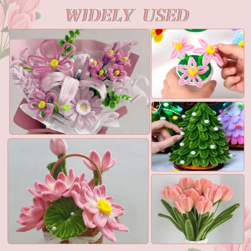 Anyangjia 500 Pcs Pipe Cleaners Craftï¼Œ5 Colors Pipe Cleaners Bulk,Chenille Stems Flowers Craft kit for DIY Handmade Bouquet Wrapping Party Decorations whit Ribbonsï¼ŒStems,Tapeï¼ŒStamens, Glue Sticks (Pink) - Image 4