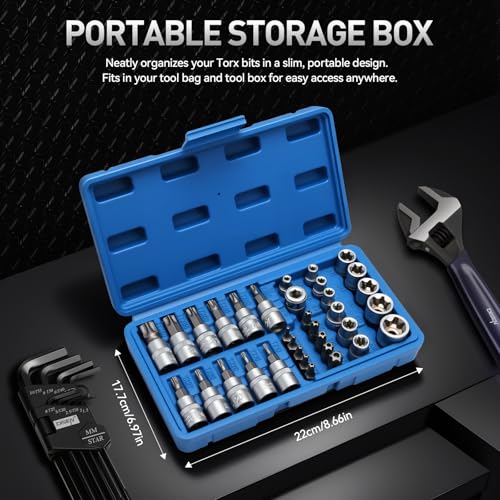 DISEN 34-Piece 3/8'' Drive Torx Star Bit sockets CR-V E-Socket Set, E4-20, T10-60, Tamper Proof Set TT10-TT55, 5/16"F to 3/8"M adapter with Storage Case,S2 Steel, Ideal for Car,Trucks,Home Improvement - Image 4