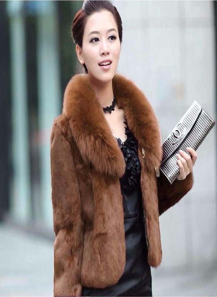 Eckek - Faux Rabbit Hair Coat Women's Warm Outerwear Autumn Winter Short Faux Fox Fur Collar Coat Jacket Plus Size Overcoat - Image 1