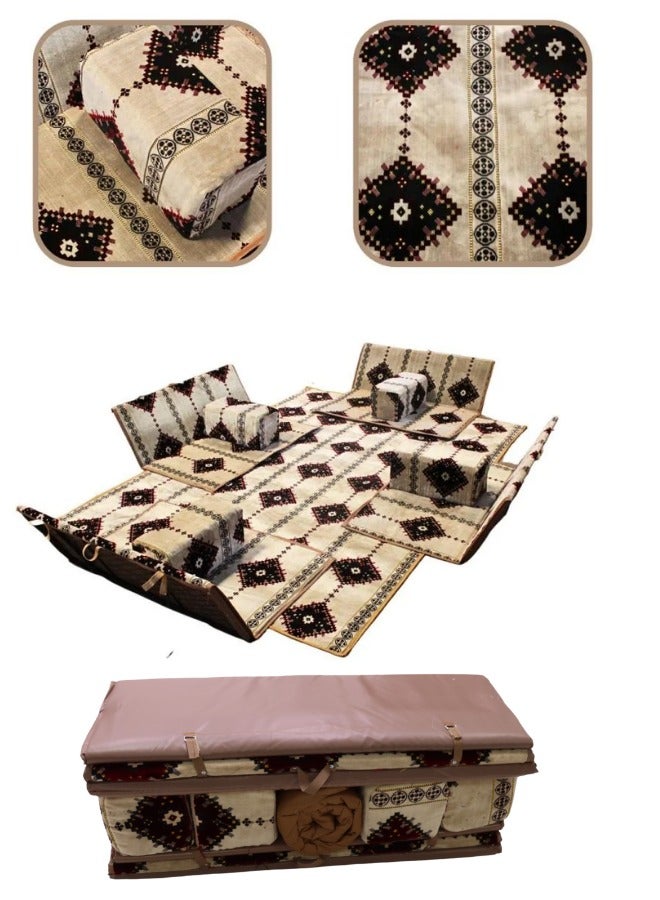 سمارت هوم مجموعة جلوس أرضية تراثية مكونة من 9 قطع مناسبة للسفر والرحلات البرية والحديقة , طقم فرشة تخييم ارضية مع اربع مراكى و 4 كراسي وبساط من القماش عالي الجودة يكفي ل 8 أشخاص (قماش تركي) - Image 1