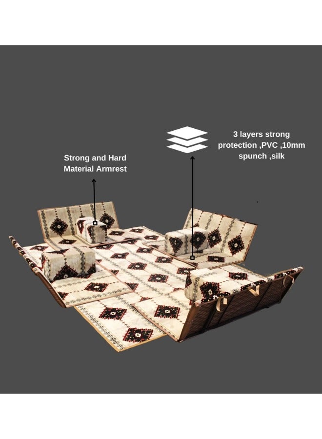 سمارت هوم مجموعة جلوس أرضية تراثية مكونة من 9 قطع مناسبة للسفر والرحلات البرية والحديقة , طقم فرشة تخييم ارضية مع اربع مراكى و 4 كراسي وبساط من القماش عالي الجودة يكفي ل 8 أشخاص (قماش تركي) - Image 3