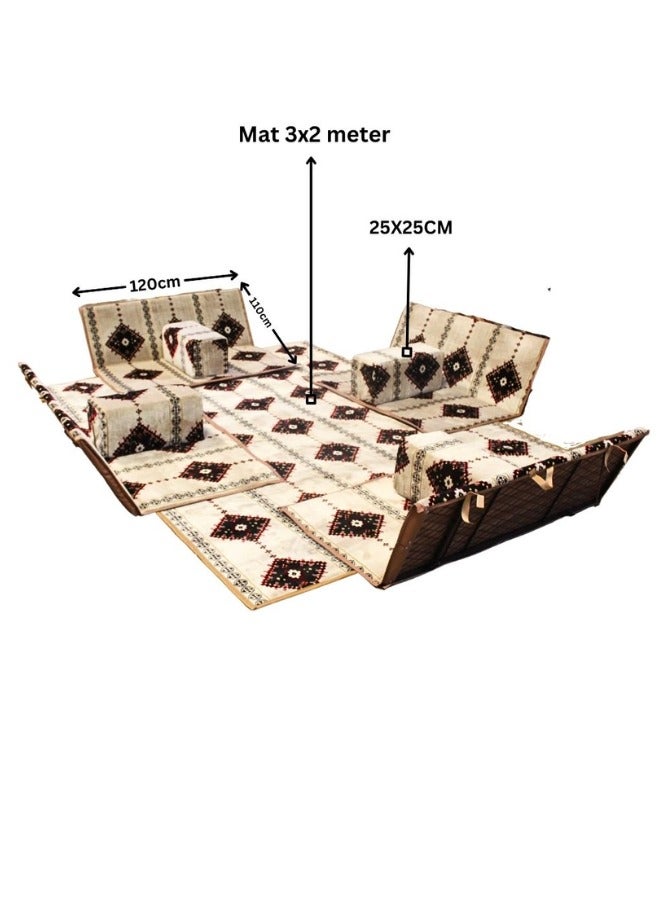 سمارت هوم مجموعة جلوس أرضية تراثية مكونة من 9 قطع مناسبة للسفر والرحلات البرية والحديقة , طقم فرشة تخييم ارضية مع اربع مراكى و 4 كراسي وبساط من القماش عالي الجودة يكفي ل 8 أشخاص (قماش تركي) - Image 2