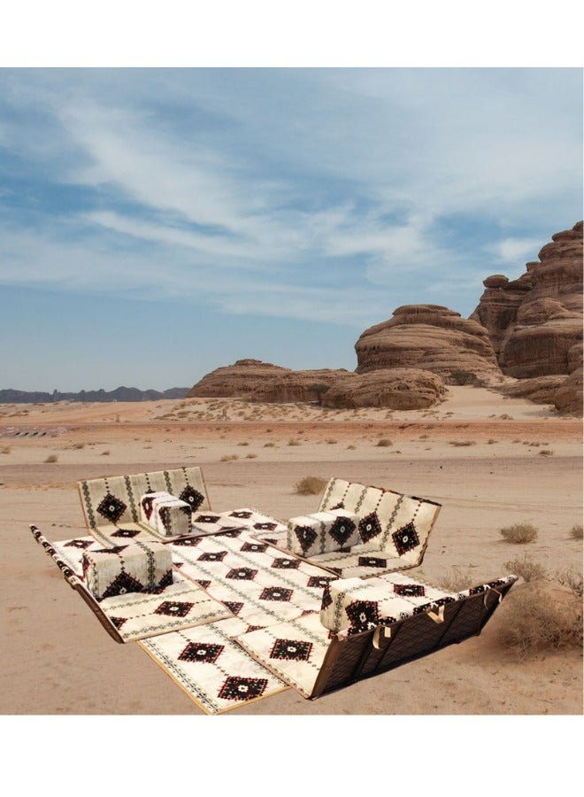 سمارت هوم مجموعة جلوس أرضية تراثية مكونة من 9 قطع مناسبة للسفر والرحلات البرية والحديقة , طقم فرشة تخييم ارضية مع اربع مراكى و 4 كراسي وبساط من القماش عالي الجودة يكفي ل 8 أشخاص (قماش تركي) - Image 4