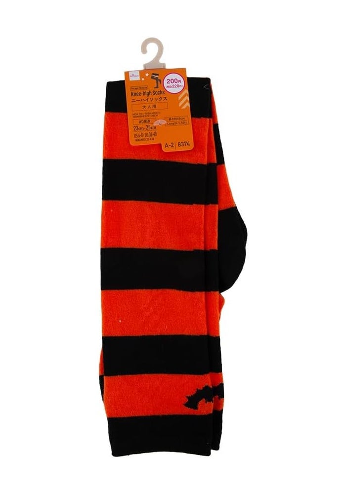 Daiso Halloween Knee-High Socks for Adults - Orange and Black Striped - Image 1
