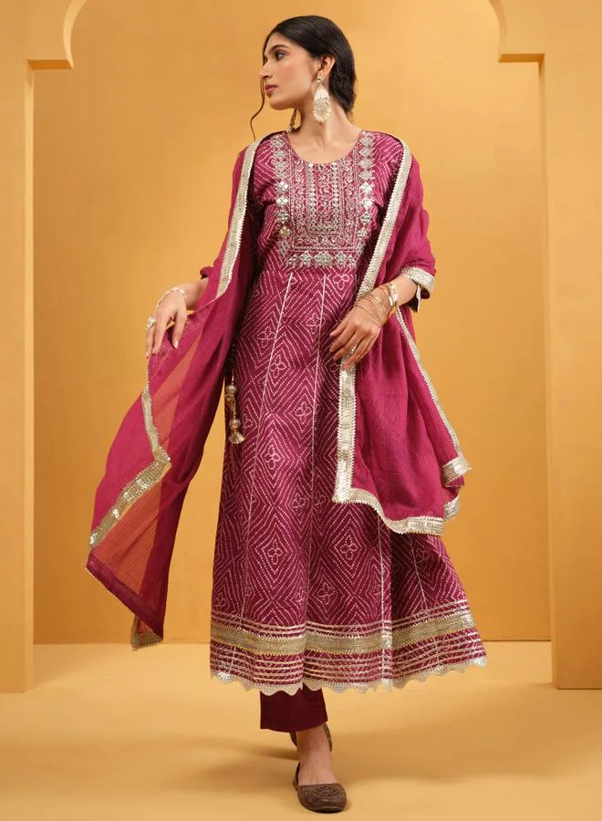 ISHIN Women's Purple Cotton Printed A-Line Tunic Upperwear Calf Length Palazzo Bottomwear Flowy 3 Peice Kurta Set
