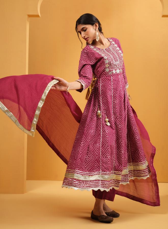 ISHIN Women's Purple Cotton Printed A-Line Tunic Upperwear Calf Length Palazzo Bottomwear Flowy 3 Peice Kurta Set - Image 3