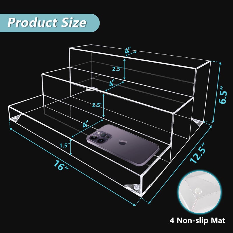 CHONOVO Liquor Bottle Display Shelf, Clear Acrylic Riser Display Stand, Bar Shelves for Liquor Bottles, 3 Tier Shelf Organizer for Alcohol Figures Coffee Syrup Display, 16" L x 12.5" W x 6.5" H, Clear - Image 2