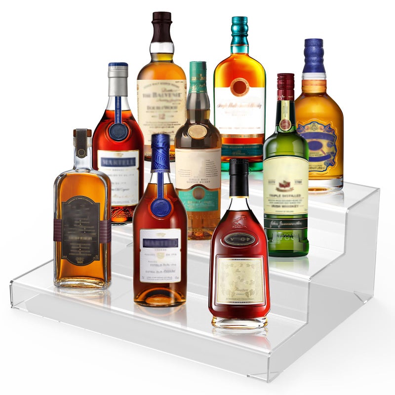 CHONOVO Liquor Bottle Display Shelf, Clear Acrylic Riser Display Stand, Bar Shelves for Liquor Bottles, 3 Tier Shelf Organizer for Alcohol Figures Coffee Syrup Display, 16" L x 12.5" W x 6.5" H, Clear - Image 1