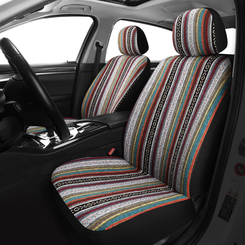Pariitadin Baja Saddle Blanket Car Seat Covers Front Set with Seat Belt Pads, Washable Breathable Striped Woven Cloth Seat Covers for Cars, Universal Fit Most Cars, Airbag Compatible, Red - Image 2