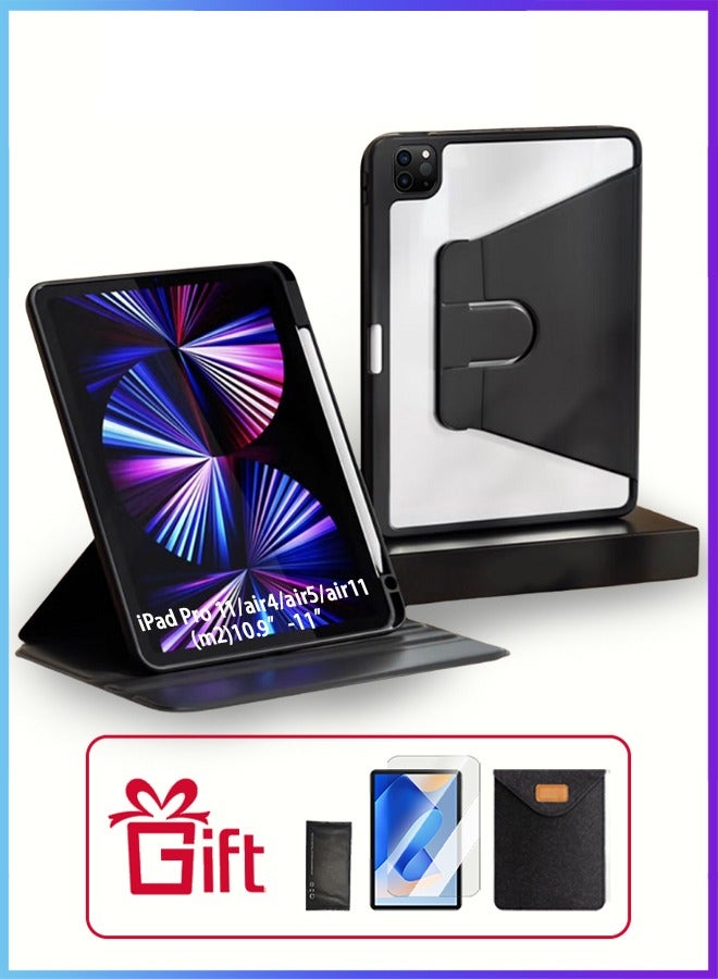 iPad Air 11 Inch (M2) Case & iPad Pro 11 Inch Cover (1st/2nd/3rd/4th Generation) 360° Rotating Protective Case With Pen Slot/Auto Sleep/Wake Slim Stand/Transparent Tpu Protective Case/AED 29 Gift Set Anti-Glare Protective Film/Felt Tablet Pouch/Compatible With 10.9” iPad Air 4th/5th Gen- Black - Image 1
