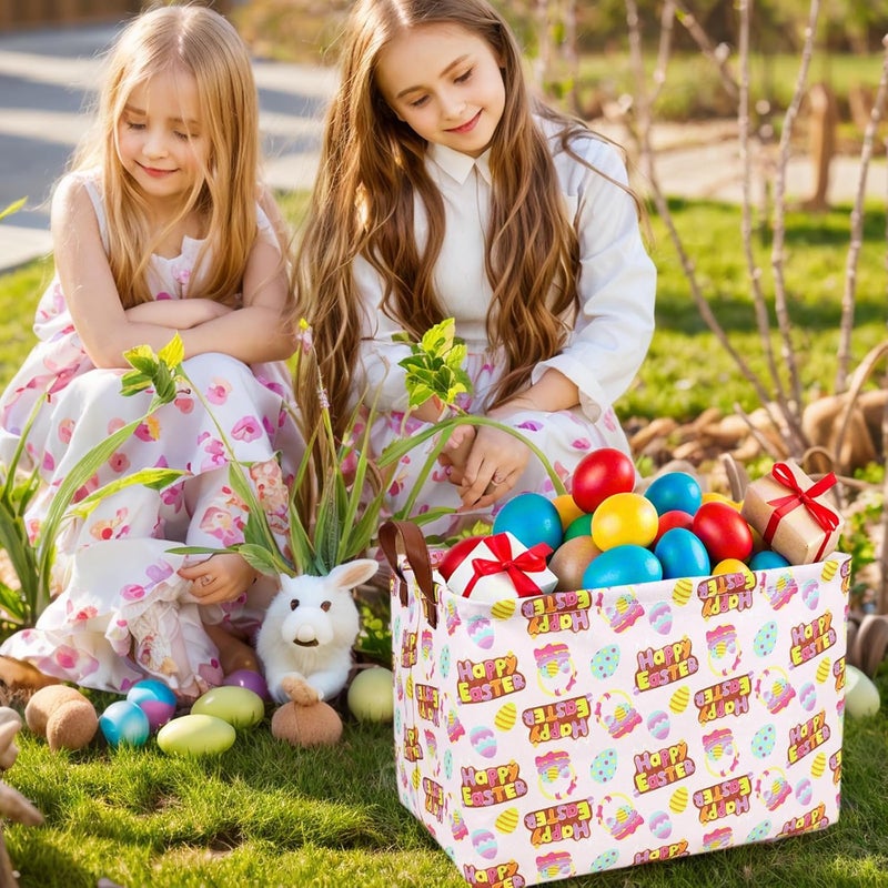 SETAMA Large Empty Easter Basket for Kid Baby Rectangular Cute Easter Gift Bunny Eggs Décor Storage Basket (Pink Happy Egg) - Image 5
