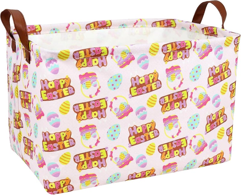 SETAMA Large Empty Easter Basket for Kid Baby Rectangular Cute Easter Gift Bunny Eggs Décor Storage Basket (Pink Happy Egg) - Image 1