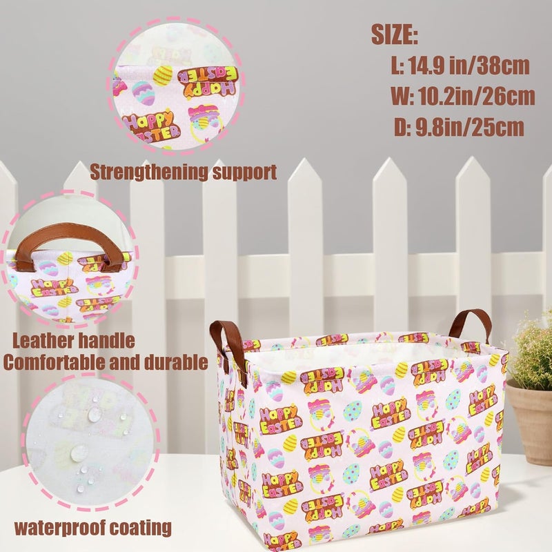 SETAMA Large Empty Easter Basket for Kid Baby Rectangular Cute Easter Gift Bunny Eggs Décor Storage Basket (Pink Happy Egg) - Image 4