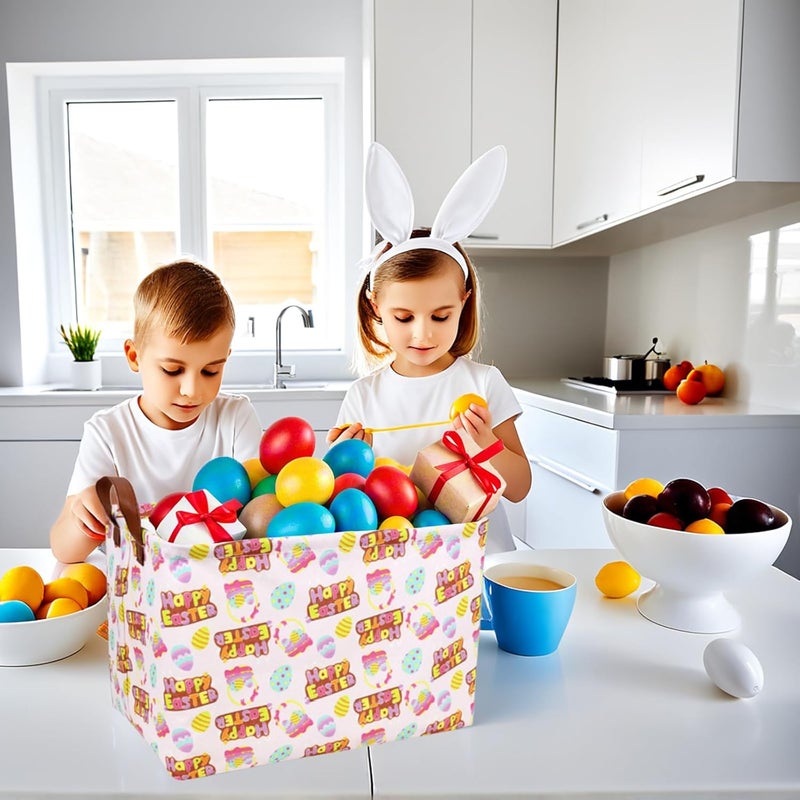SETAMA Large Empty Easter Basket for Kid Baby Rectangular Cute Easter Gift Bunny Eggs Décor Storage Basket (Pink Happy Egg) - Image 3