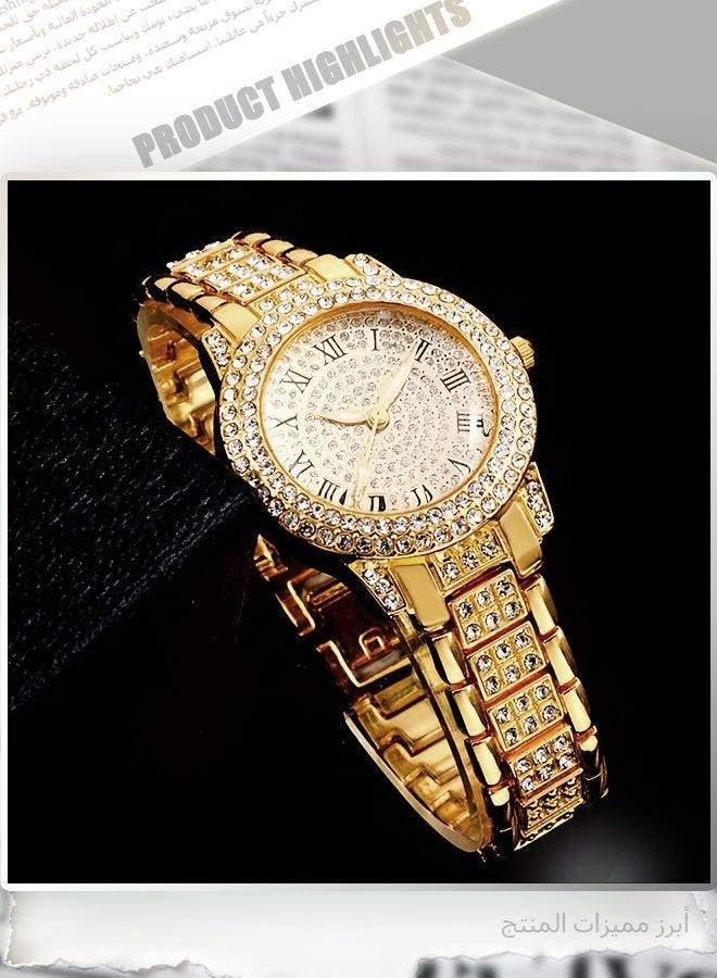 Luxury 5-Piece Rhinestone Jewelry Set - Gold-Tone Bracelet Watch, Necklace, Earrings, Ring, and Bangle for Women – Elegant Full Iced-Out Bling Dress Accessories - Image 4