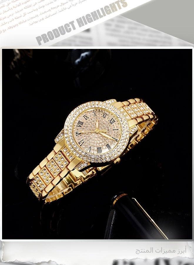 Luxury 5-Piece Rhinestone Jewelry Set - Gold-Tone Bracelet Watch, Necklace, Earrings, Ring, and Bangle for Women – Elegant Full Iced-Out Bling Dress Accessories - Image 3