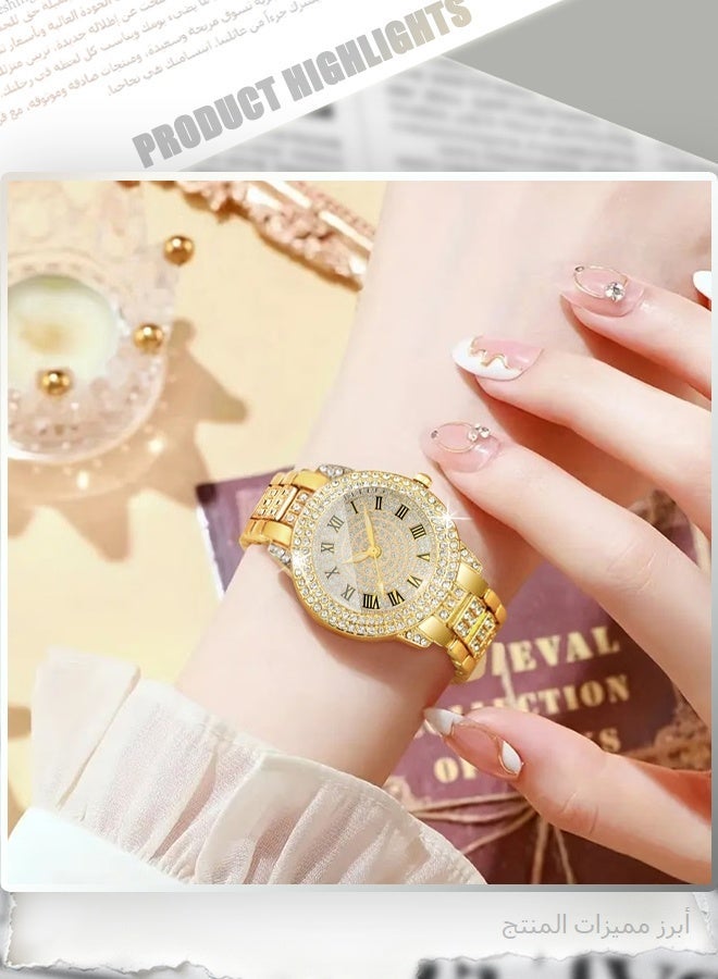 Luxury 5-Piece Rhinestone Jewelry Set - Gold-Tone Bracelet Watch, Necklace, Earrings, Ring, and Bangle for Women – Elegant Full Iced-Out Bling Dress Accessories - Image 2