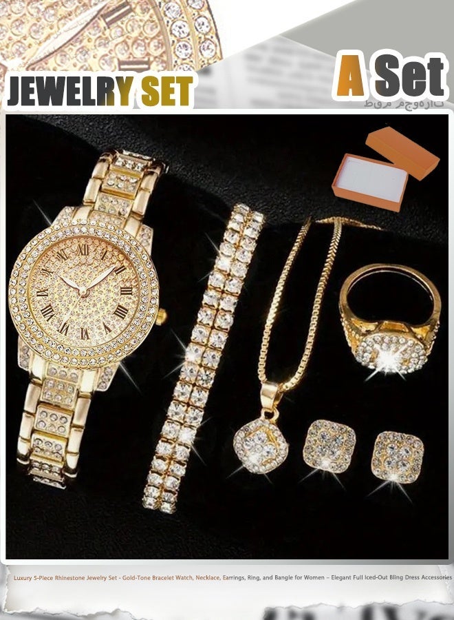 Luxury 5-Piece Rhinestone Jewelry Set - Gold-Tone Bracelet Watch, Necklace, Earrings, Ring, and Bangle for Women – Elegant Full Iced-Out Bling Dress Accessories - Image 1