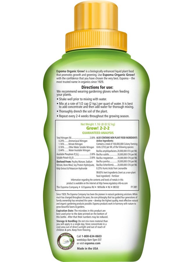 Espoma Espoma Organic Grow! Liquid Concentrate Plant Food - All Purpose Fertilizer for Indoor & Outdoor Plants. for Organic Gardening. 16oz Bottle Pack of one  - Image 2
