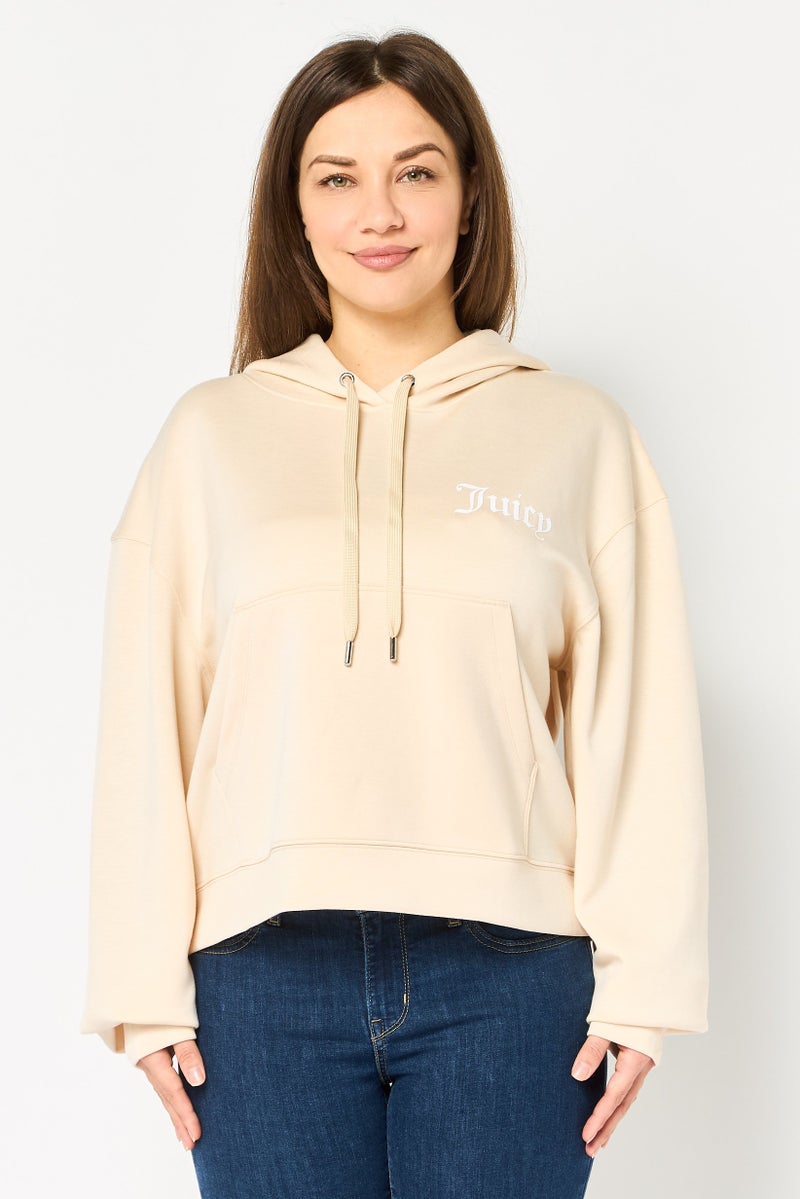 Juicy Couture هودي بكم طويل بشعار ماركة للنساء، بيج - Image 1